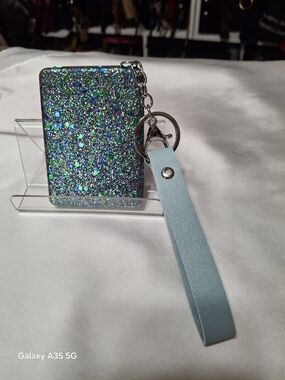 Glitter Blue 2 Way Mirror Compact Keychain with Light Blue Strap New
